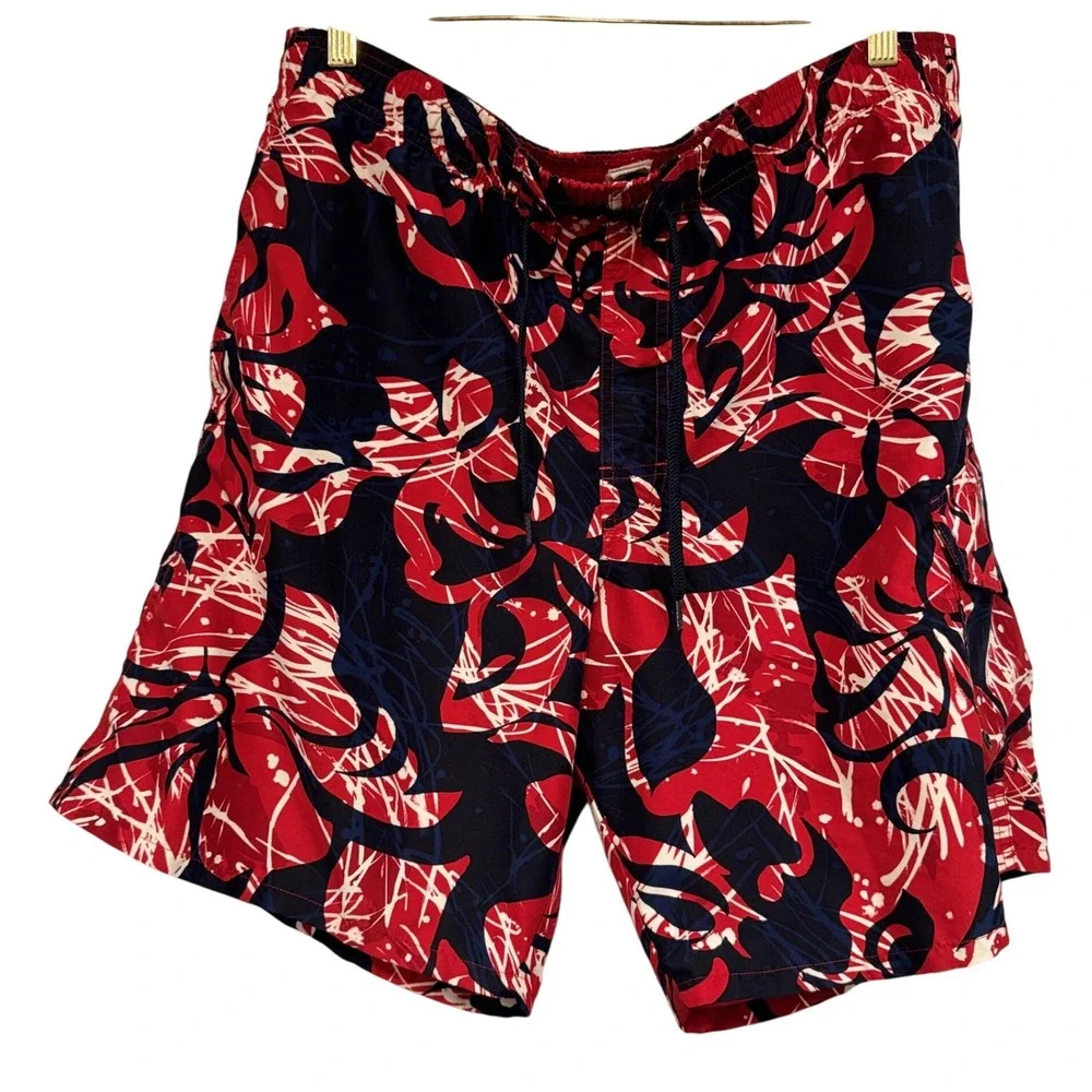 Speedo Mens Swim Trunks Red Navy White Abstract Floral Mesh Lined Board Shorts M
